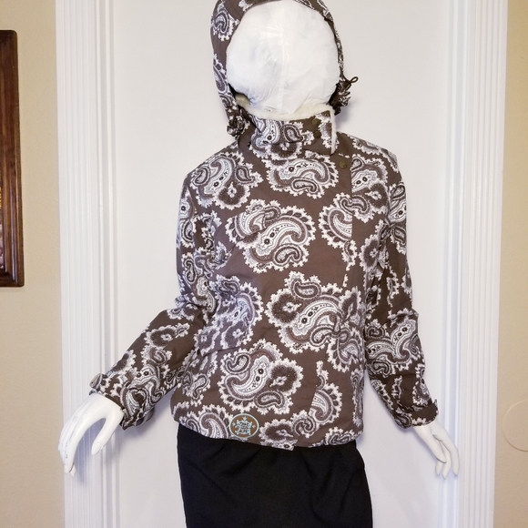 BURTON WOMEN SKI SNOW WINTER JACKET DETACHABLE HOOD BROWN AQUA PAISLEY SIZE S * - Picture 7 of 11
